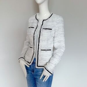 WHBM White Grey Tweed Metallic Dressy Blazer Jacket Black Piping XS